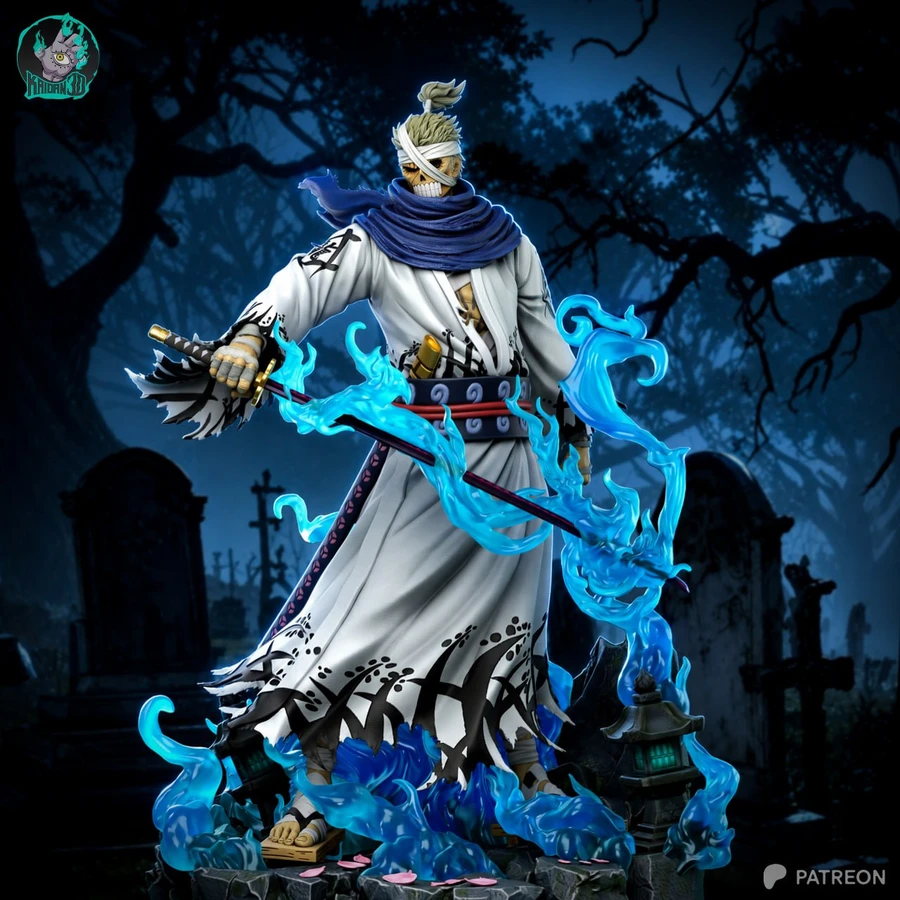 Shimotsuki Ryuma One Piece figure with katana and blue flame effects