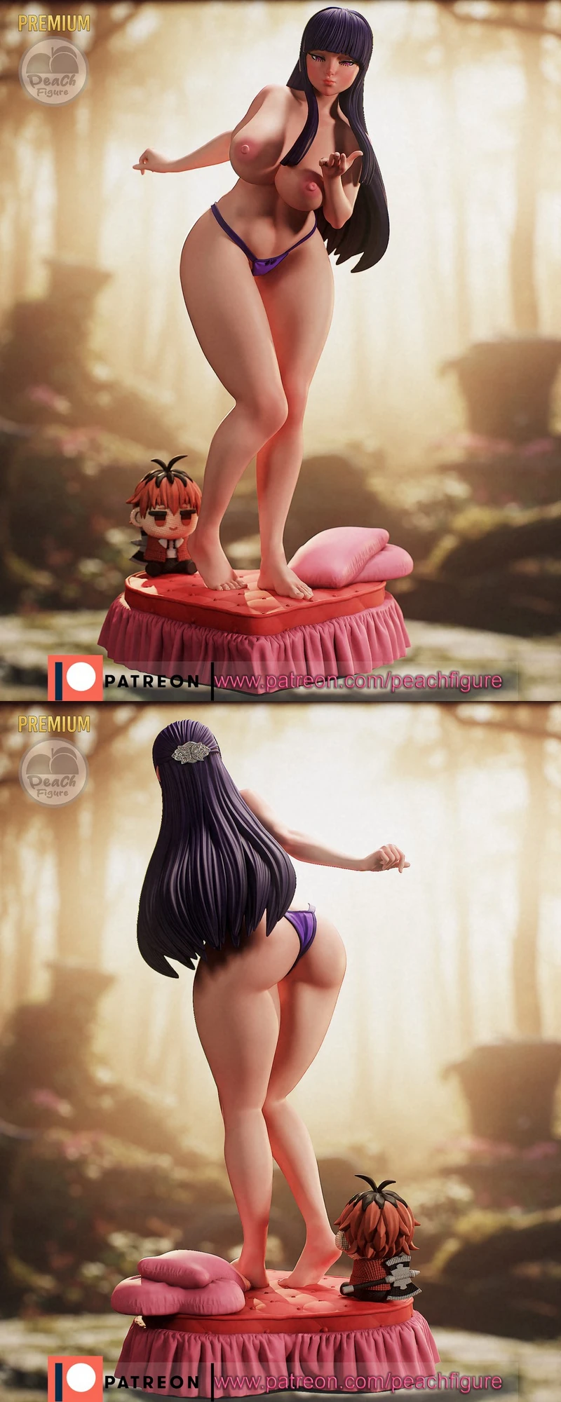 Stylized Fern figure with long dark hair on a cushioned platform and a small chibi companion