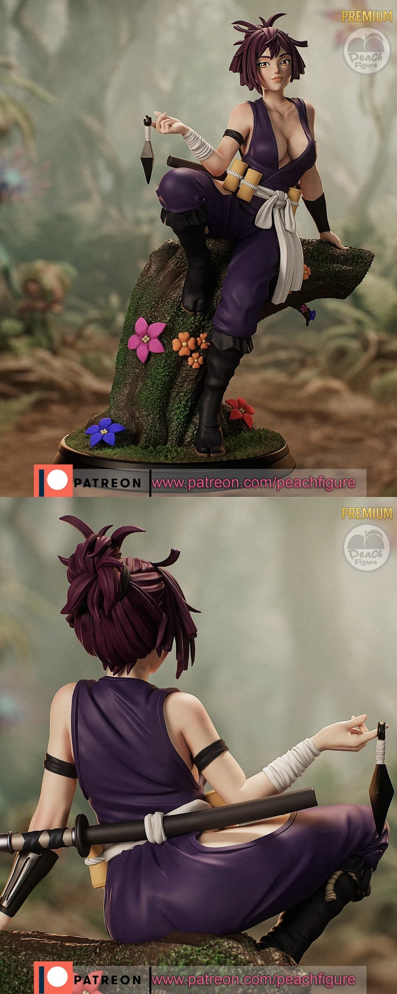 Yuzuriha from Hell's Paradise seated on a flowered tree trunk with weapons