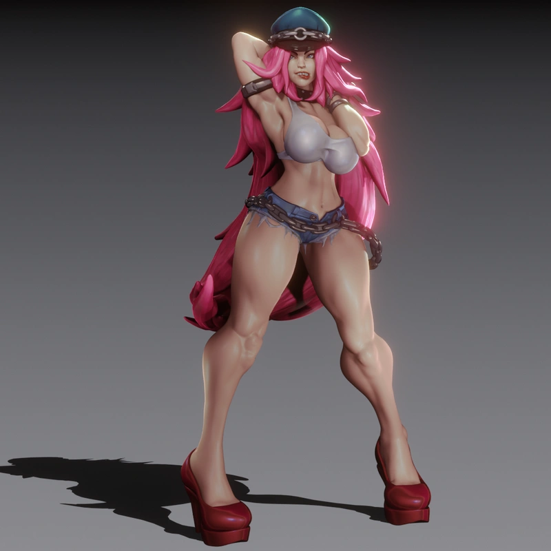 Poison from Final Fight 3D figure with pink hair, cap, chain belt and platform heels.