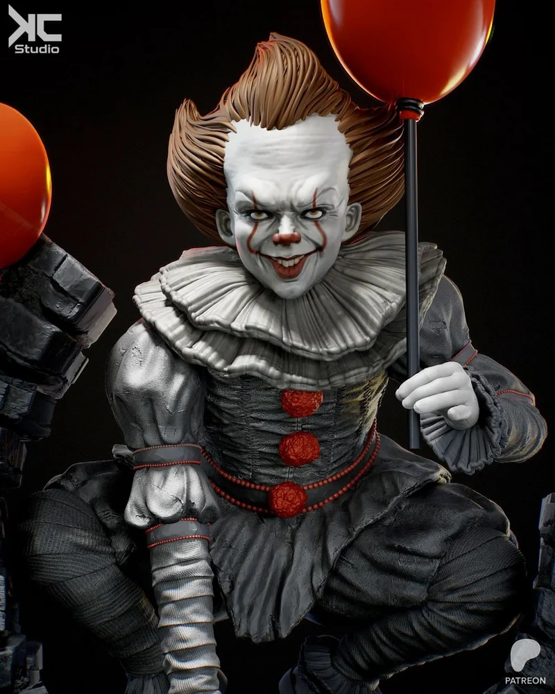 Pennywise It clown figure with red balloons and a pleated ruff