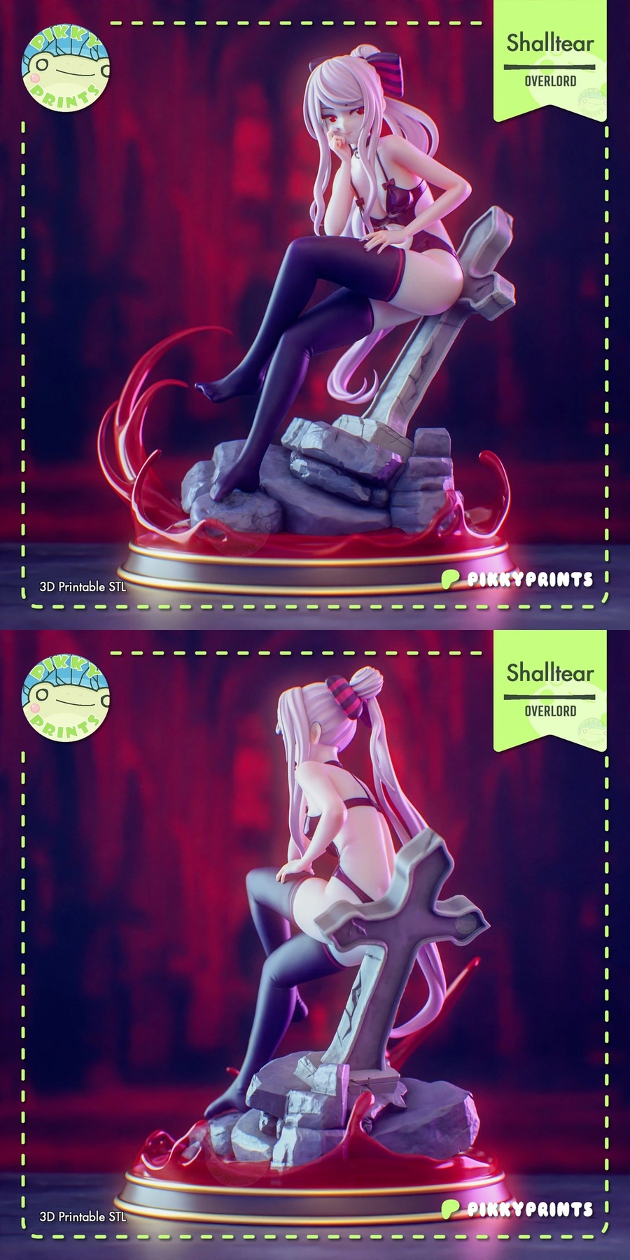 Shalltear Bloodfallen seated on a rocky sculpted base with red accents