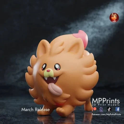 Pombon fluffy orange creature 3D figure with pointed ears and pink tuft