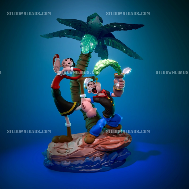 Popeye and Olive Oyl 3D figure on a wave base beside a palm tree