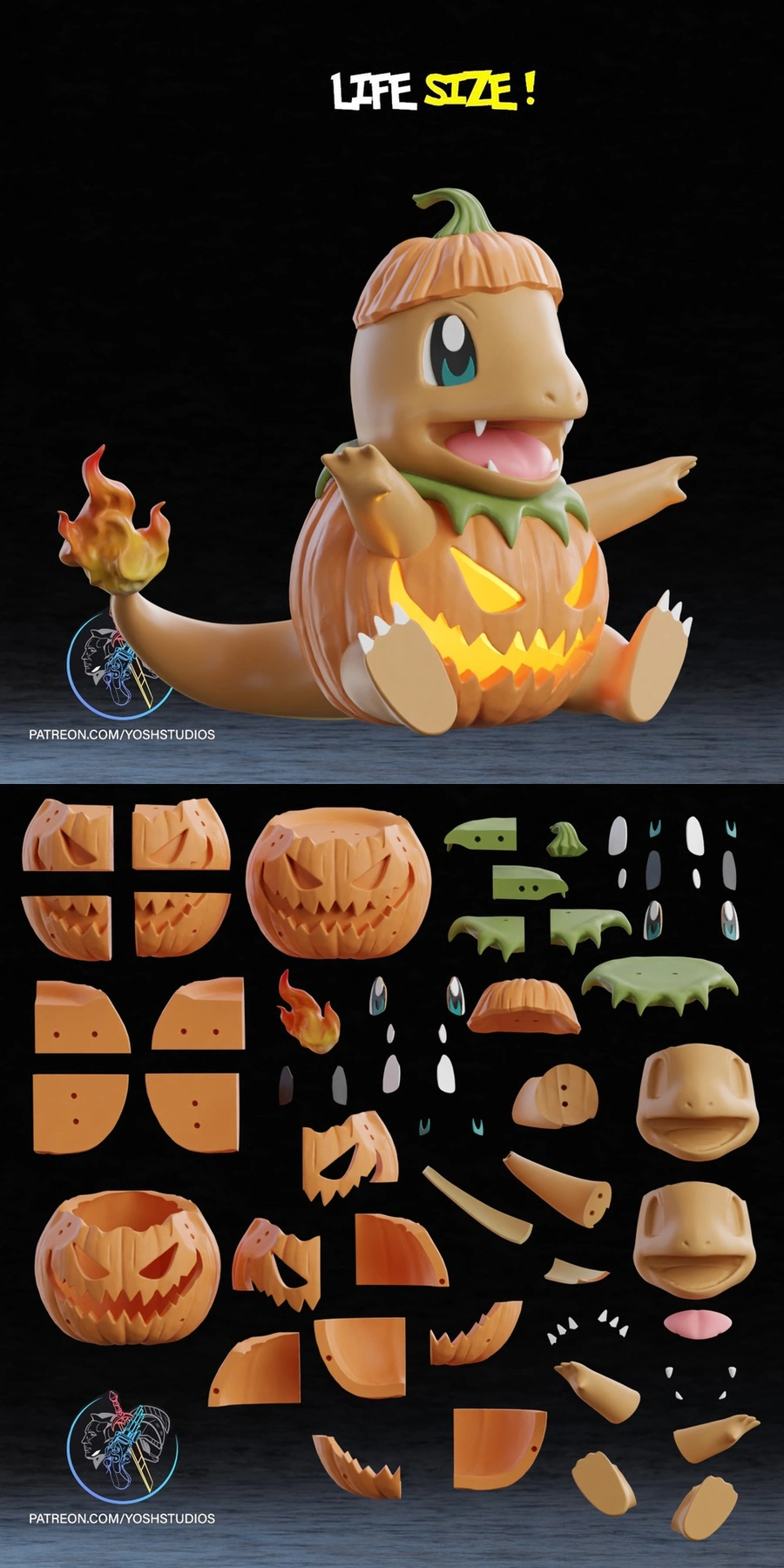 Seated Charmander Pokémon figure dressed as a carved pumpkin with a flaming tail