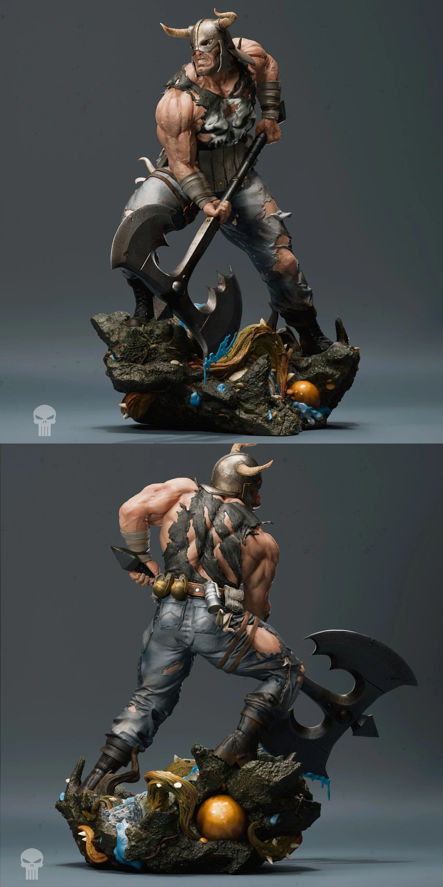 Horned warrior statue holding a double-bladed axe on a rocky base