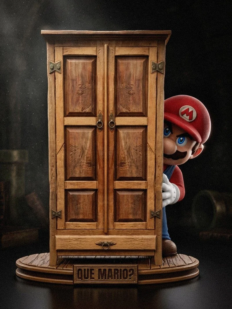 Super Mario peeking from behind a detailed wooden door in a diorama