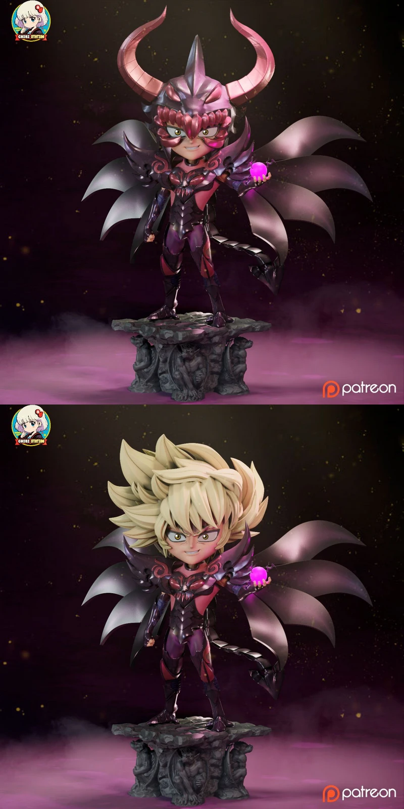 Chibi Radamanthys Saint Seiya figure with horns, armor, wings, orb, and rocky base