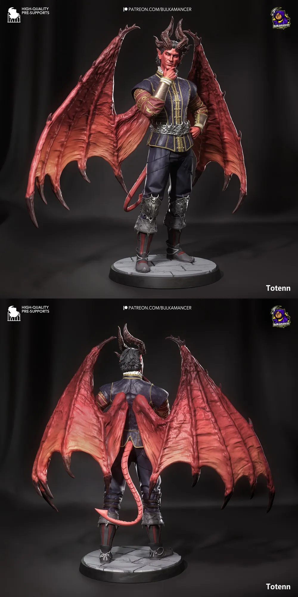 Horned winged humanoid character statue with red bat wings, tail, armor, and round base