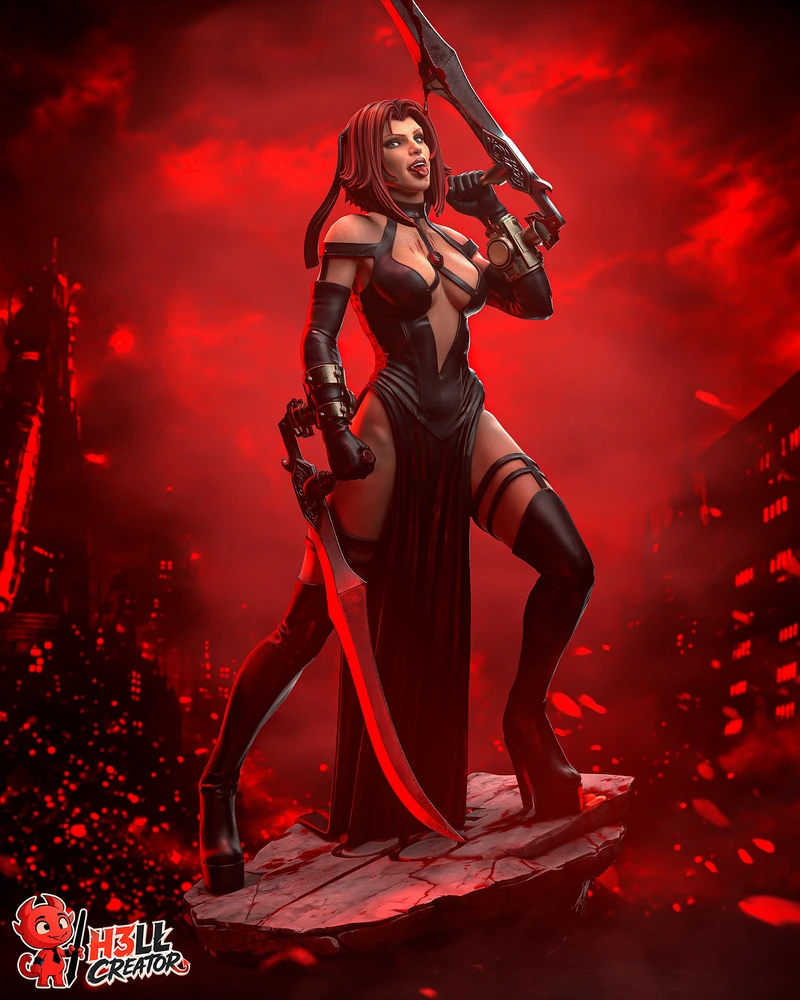 Rayne from BloodRayne holding blades on a rocky display base