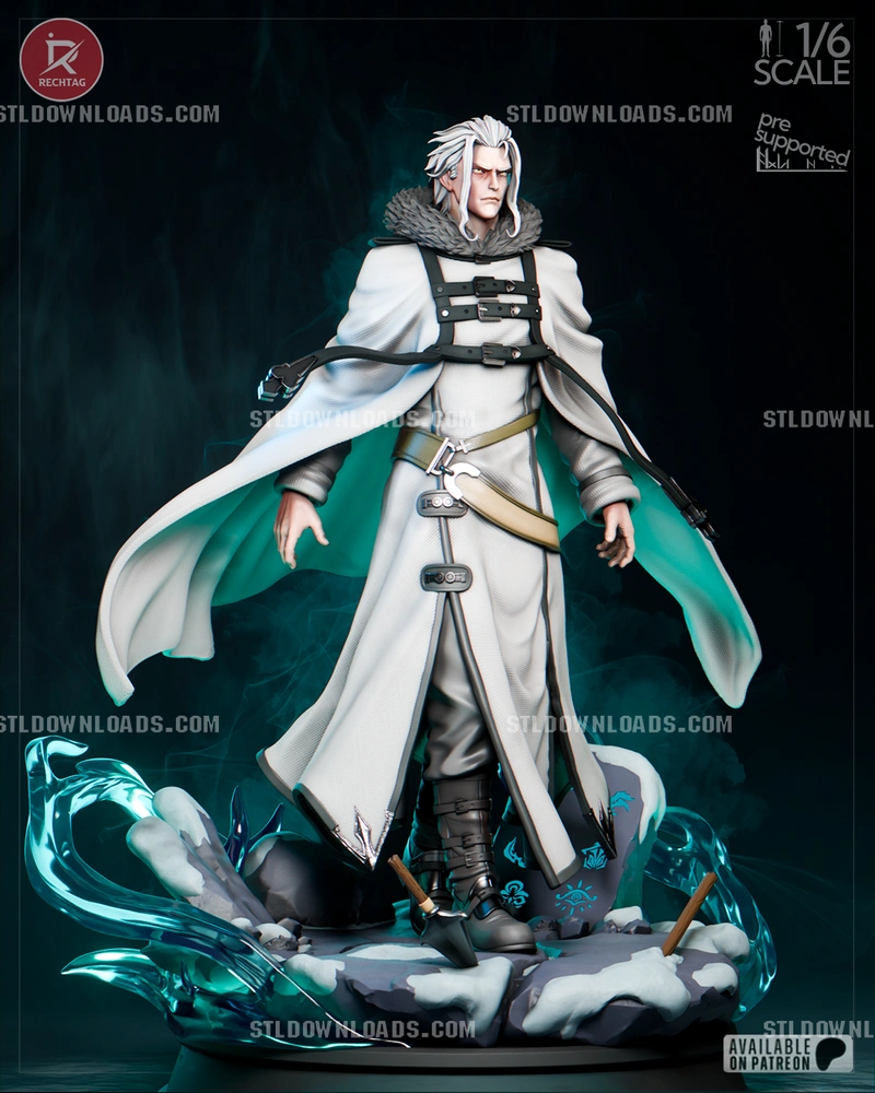 Orsted Mushoku Tensei figure in a white cloak on a water-themed base