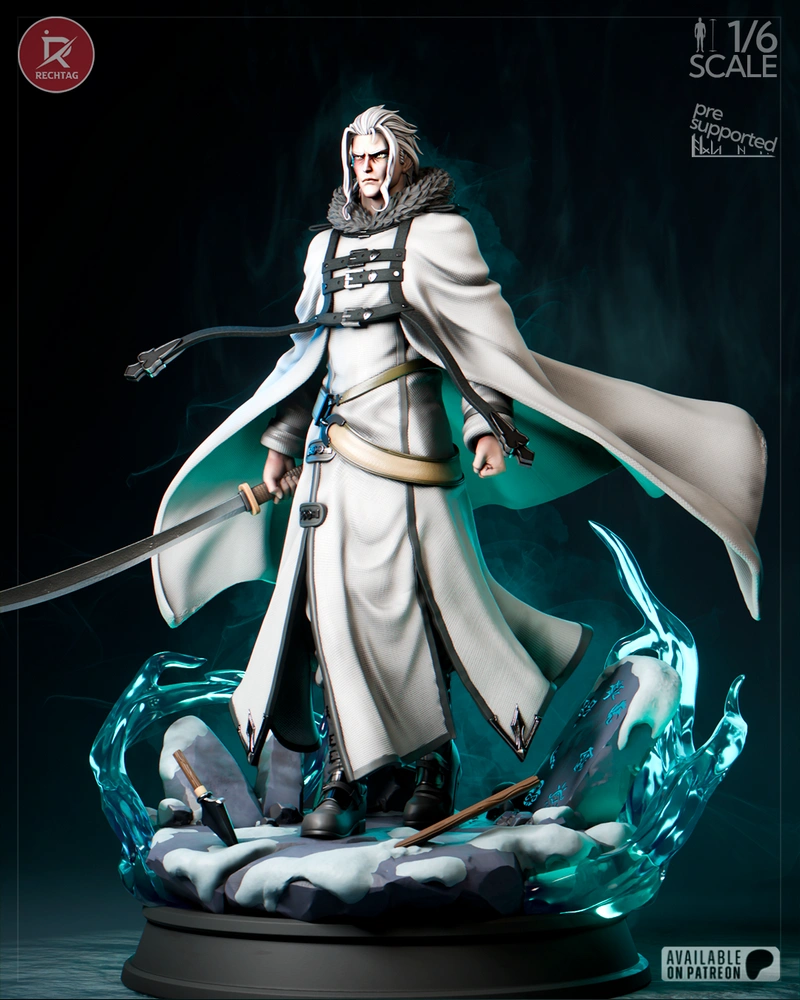 Orsted from Mushoku Tensei in a white cloak with sword on a rocky blue-effect base