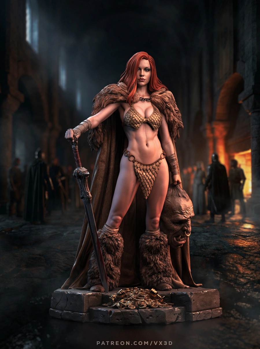 Red Sonja warrior statue with sword, fur cloak, scale armor, and stone base