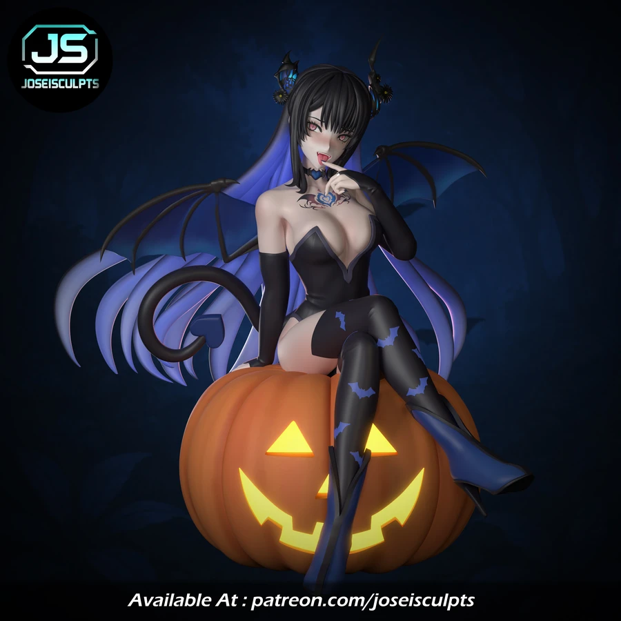 Nerissa Halloween character seated on a carved jack-o'-lantern