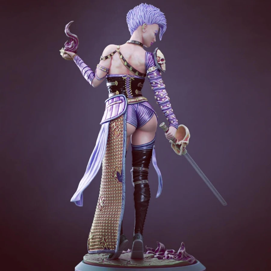 Shryka fantasy warrior statue with lavender hair, ornate armor, and skull-tipped weapon