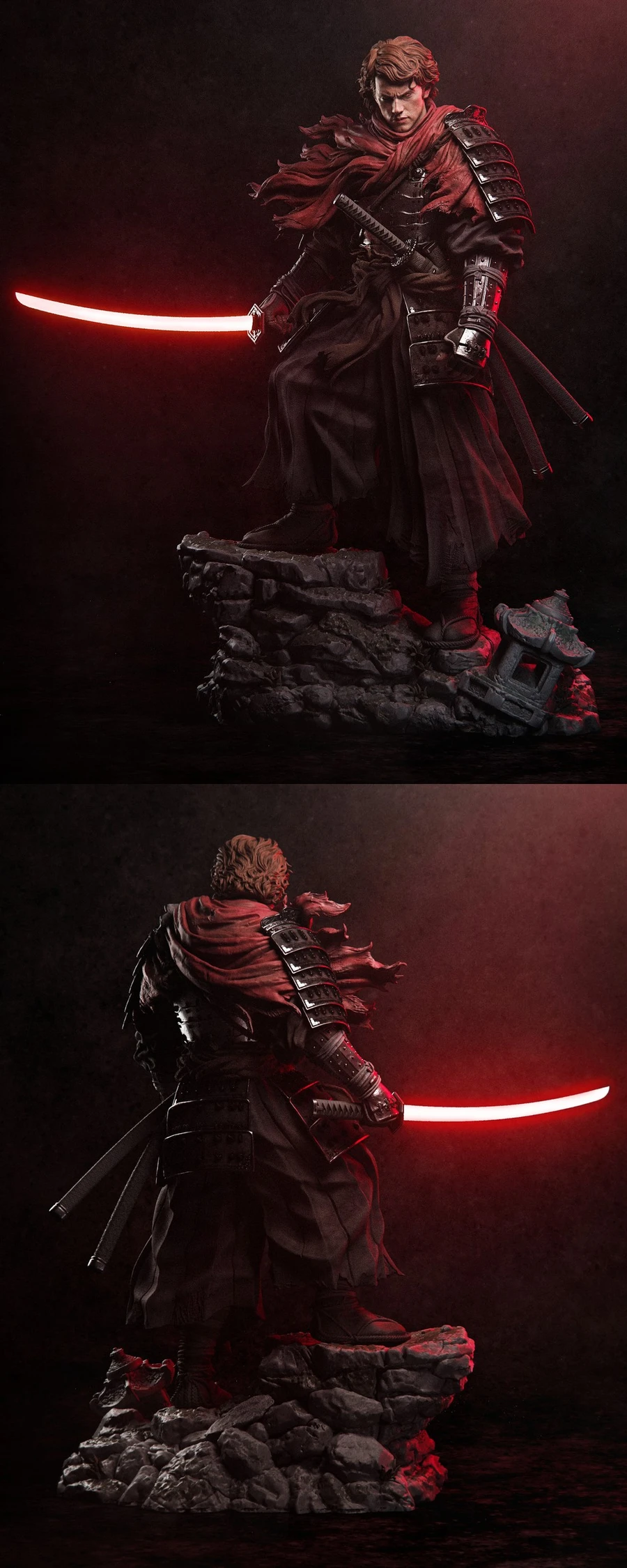 Ronin Anakin Skywalker statue with red lightsaber on a rocky base
