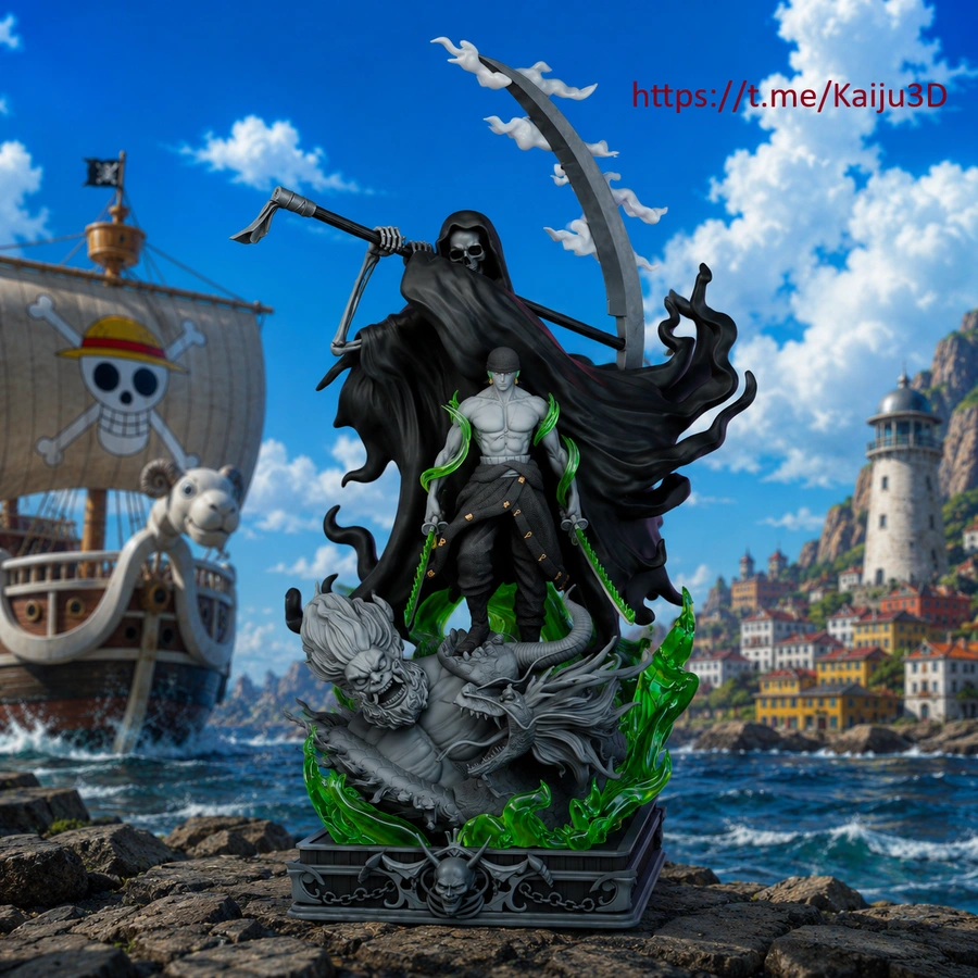 Roronoa Zoro One Piece statue with a grim reaper and curved scythe