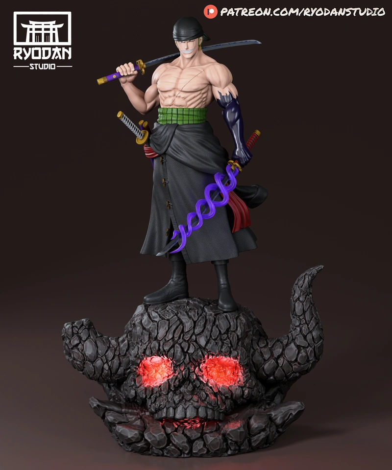 Roronoa Zoro statue with three swords standing on a horned skull base