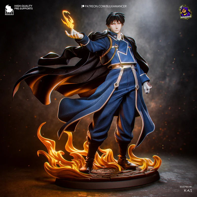 Roy Mustang anime statue with raised hand, flames, blue uniform, and flowing cape