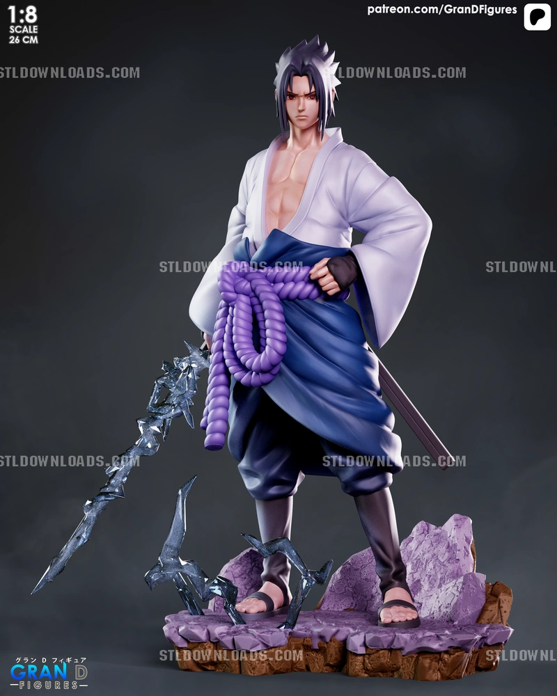Sasuke Uchiha Naruto 3D figure with sword, purple rope belt, and rocky base
