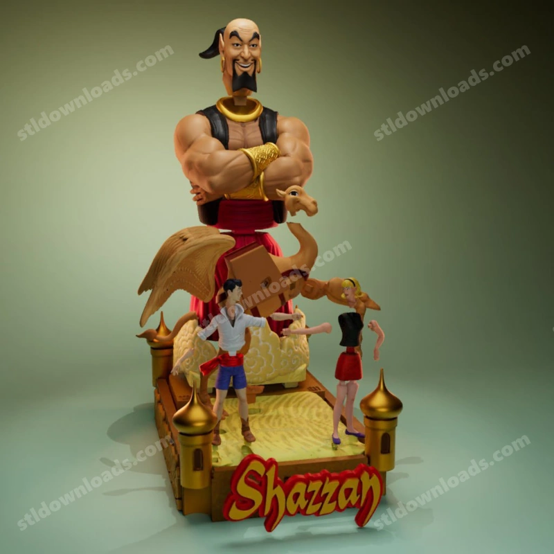 Shazzan diorama with a towering genie, carpet scene, figures, and ornate palace base