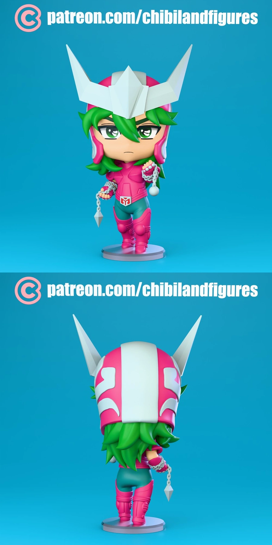 Chibi Shun from Saint Seiya wearing horned armor and holding chains