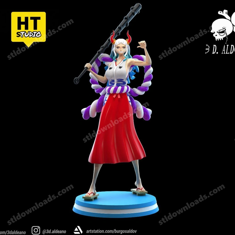 Yamato One Piece 3D model with club, horns, braided rope and red skirt