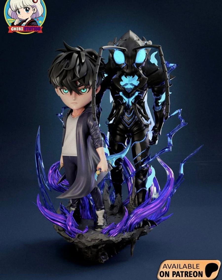 Chibi Sung Jin-Woo with armored shadow guardian and purple-blue energy base