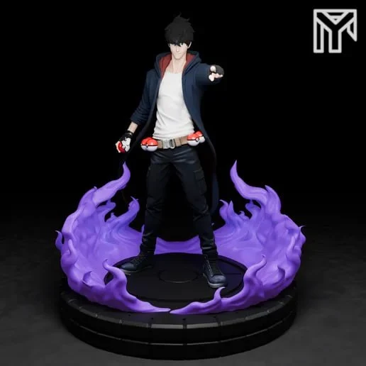 Sung Jinwoo Pokémon Trainer figure with purple flames on a round base