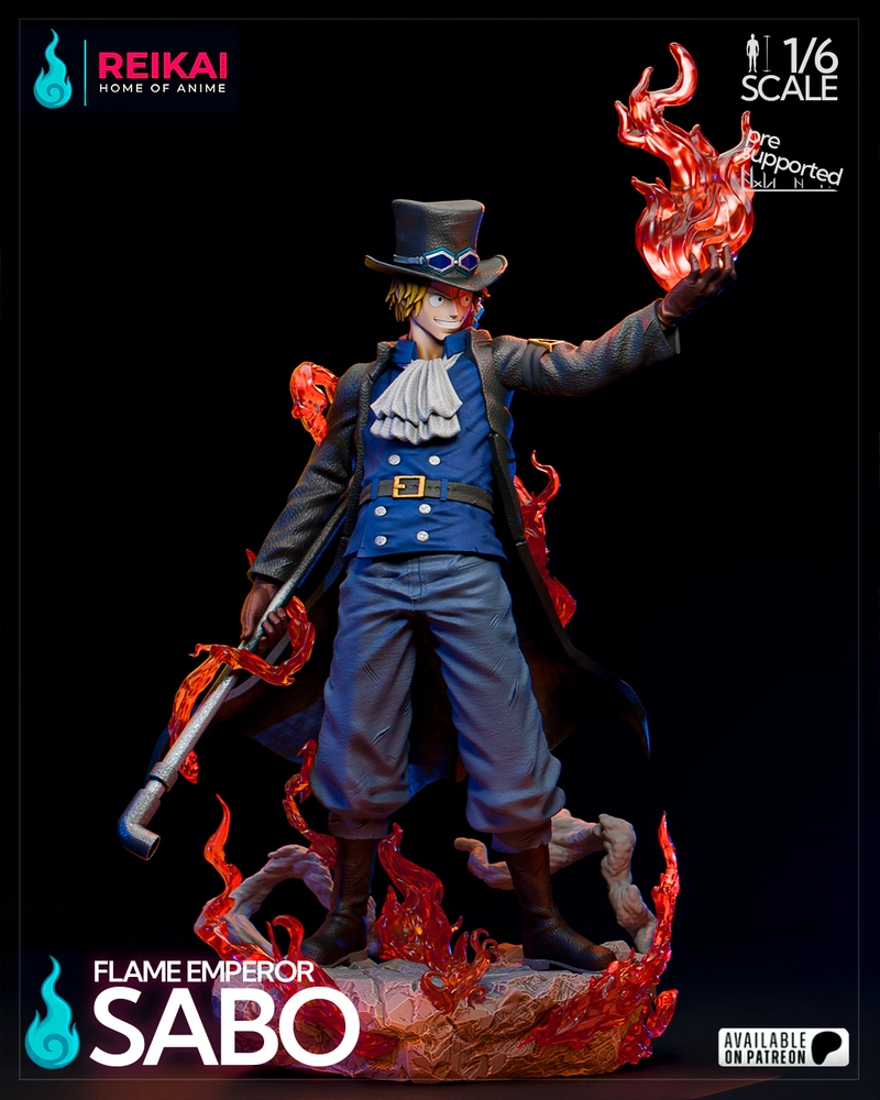 Sabo One Piece Flame Emperor statue with top hat, pipe, and flames