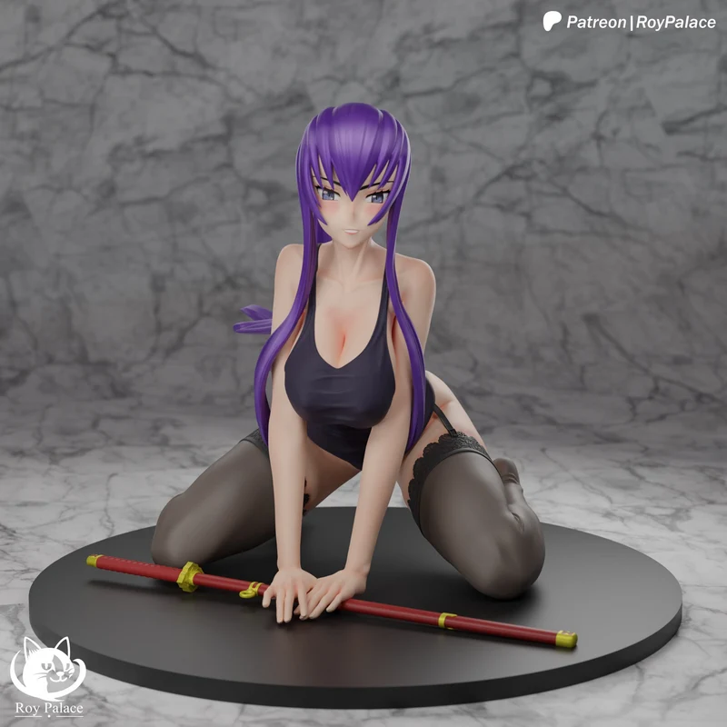 Saeko Busujima fan-art figure kneeling with a katana on a round base