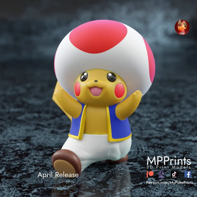 Pikachu wearing a Toad-inspired mushroom cap and blue vest