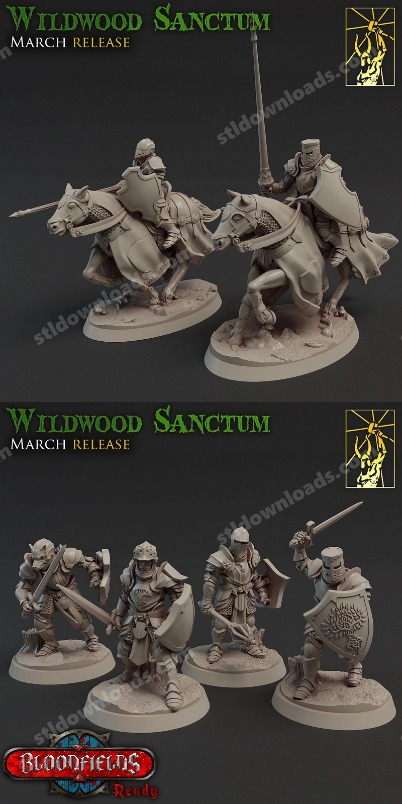 Armored fantasy crusaders and lancers with horses, shields, weapons, and display bases