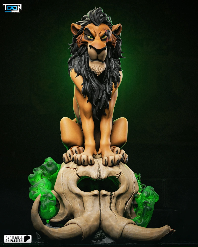 Scar from The Lion King seated on a skull base with a dark mane