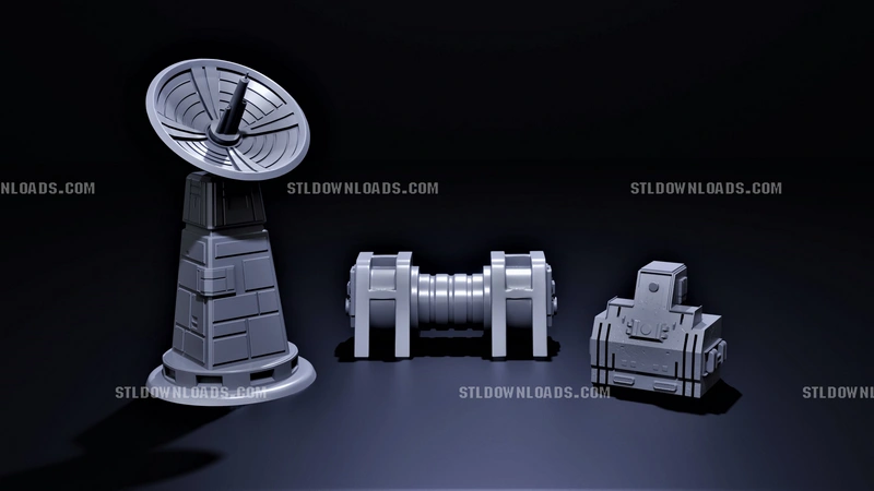 Original sci-fi scatter terrain with dish tower and industrial machines