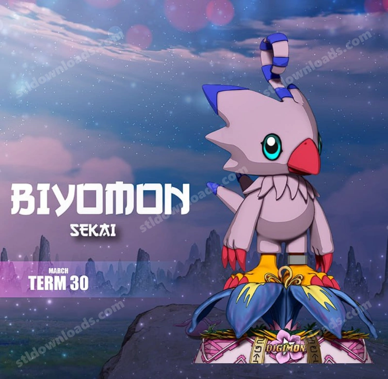 Biyomon Digimon statue with a striped antenna and ornate colorful base