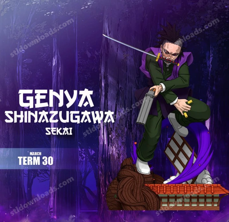 Genya Shinazugawa Demon Slayer figure with sword, firearm, and rooftop base