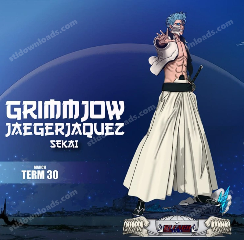 Grimmjow Bleach statue with blue hair, sword, flowing robes, and display base