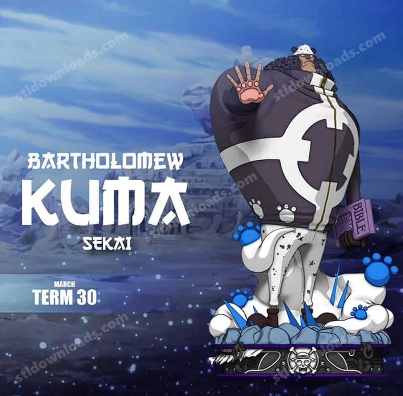 Bartholomew Kuma One Piece statue with raised paw and themed display base