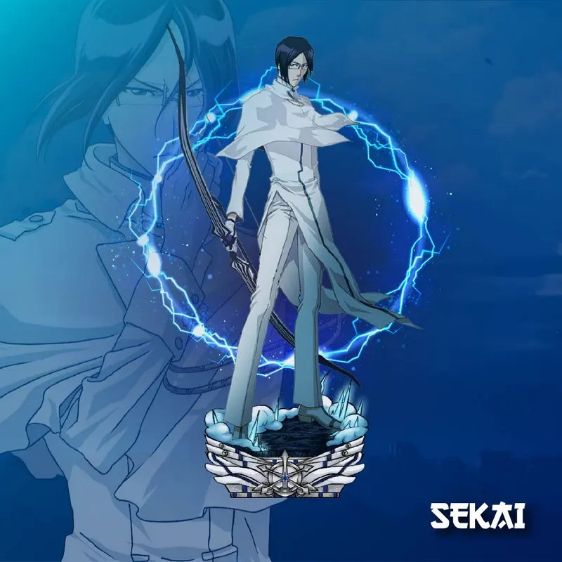 Uryu Ishida Bleach statue with bow, blue energy ring, and ornate base