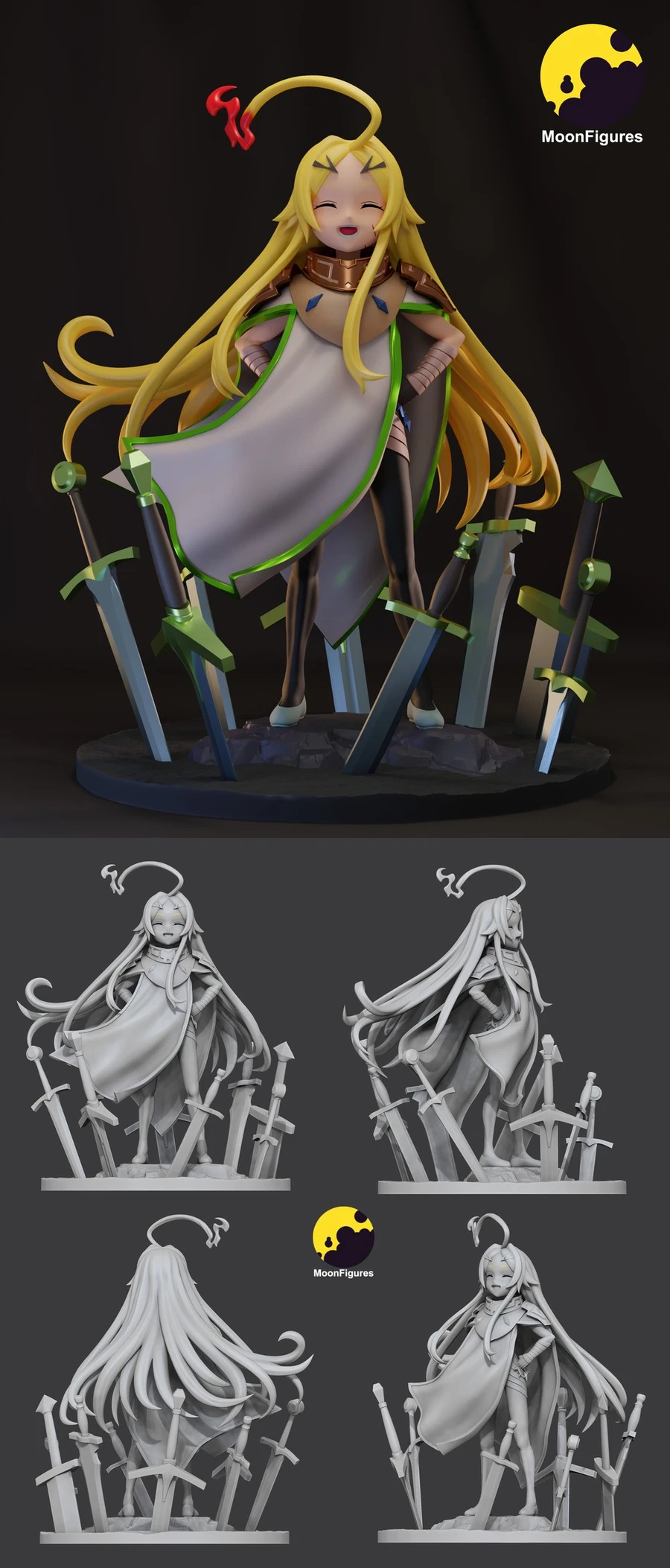 Teoritta character statue with long hair and swords around the display base