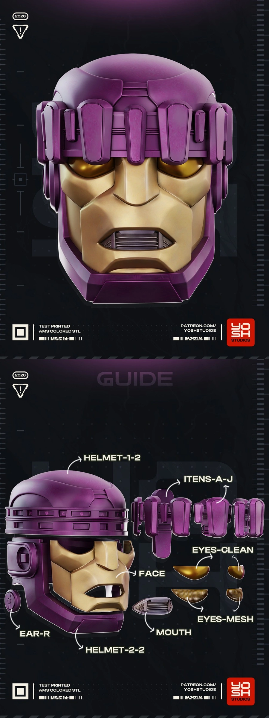 Purple and gold Sentinel Doomsday Helmet 3D model with segmented shell and detachable face details