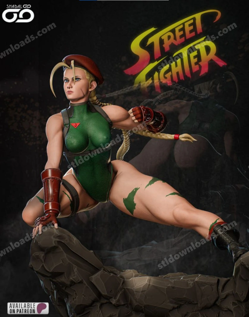 Cammy from Street Fighter in a dynamic pose on a rocky base