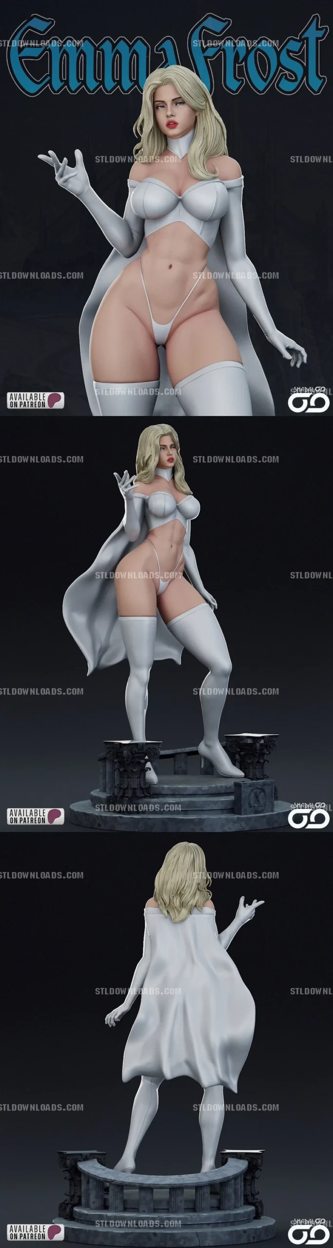 Emma Frost Marvel figure in white costume, cape, and circular display base