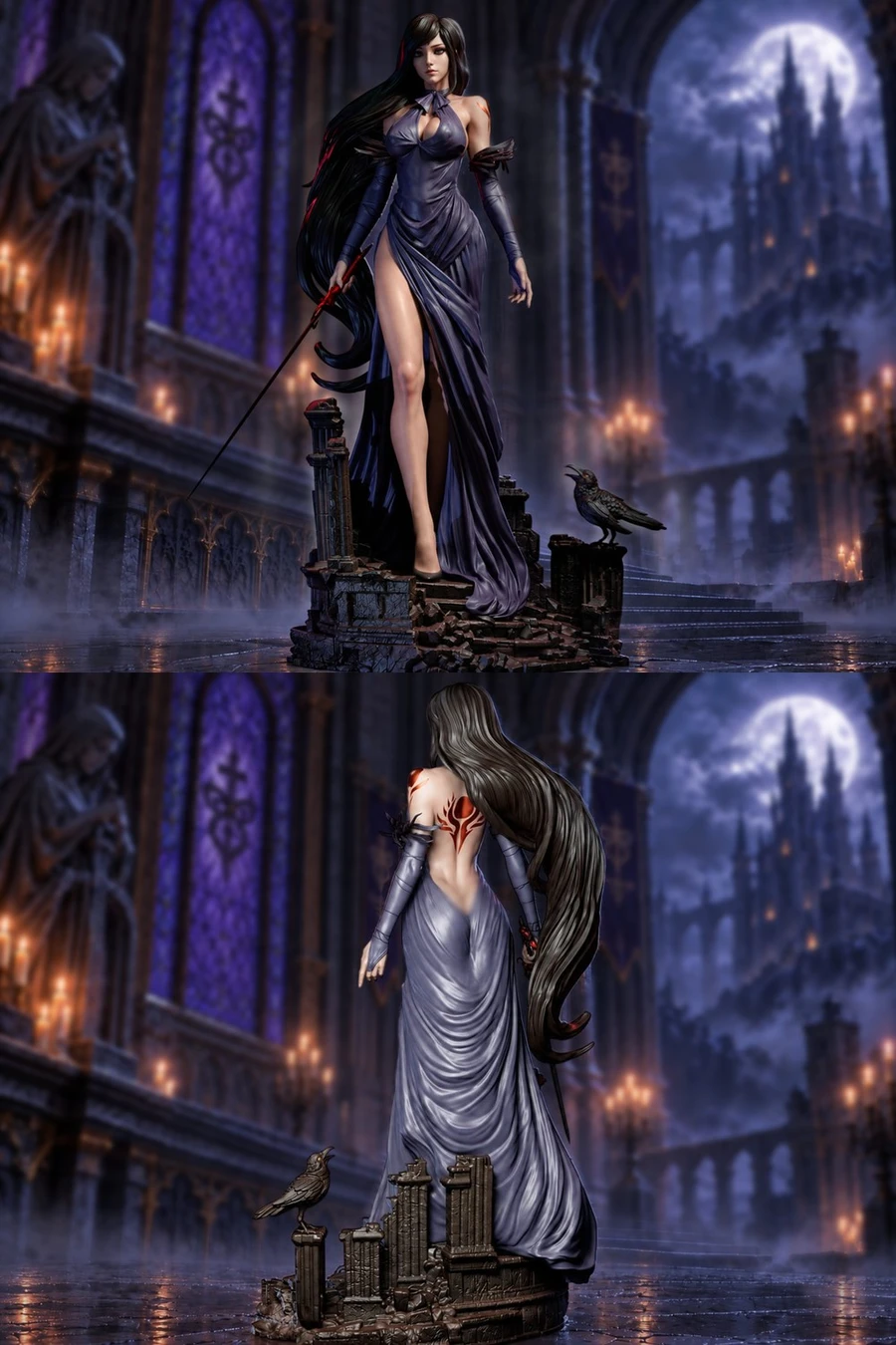 Shanoa Castlevania statue in a purple gown on a gothic ruin base