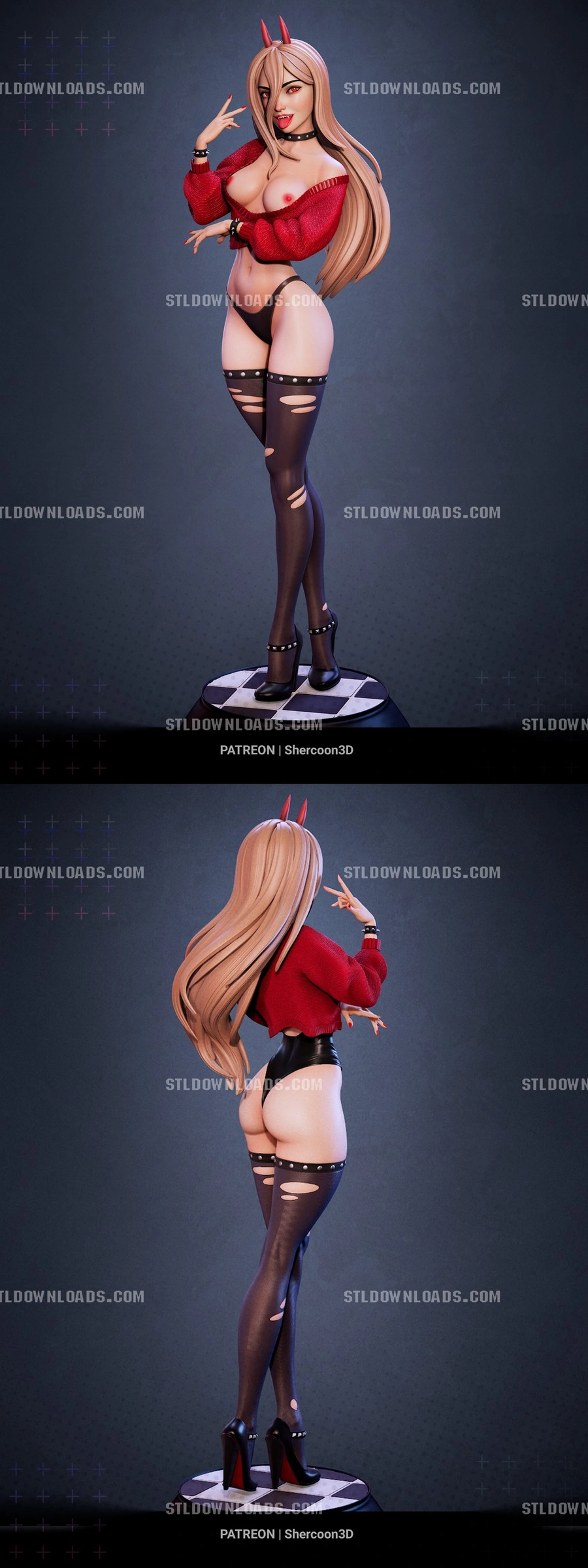 Power from Chainsaw Man 3D figure with horns, long hair, red sweater, thigh-high boots, and display base