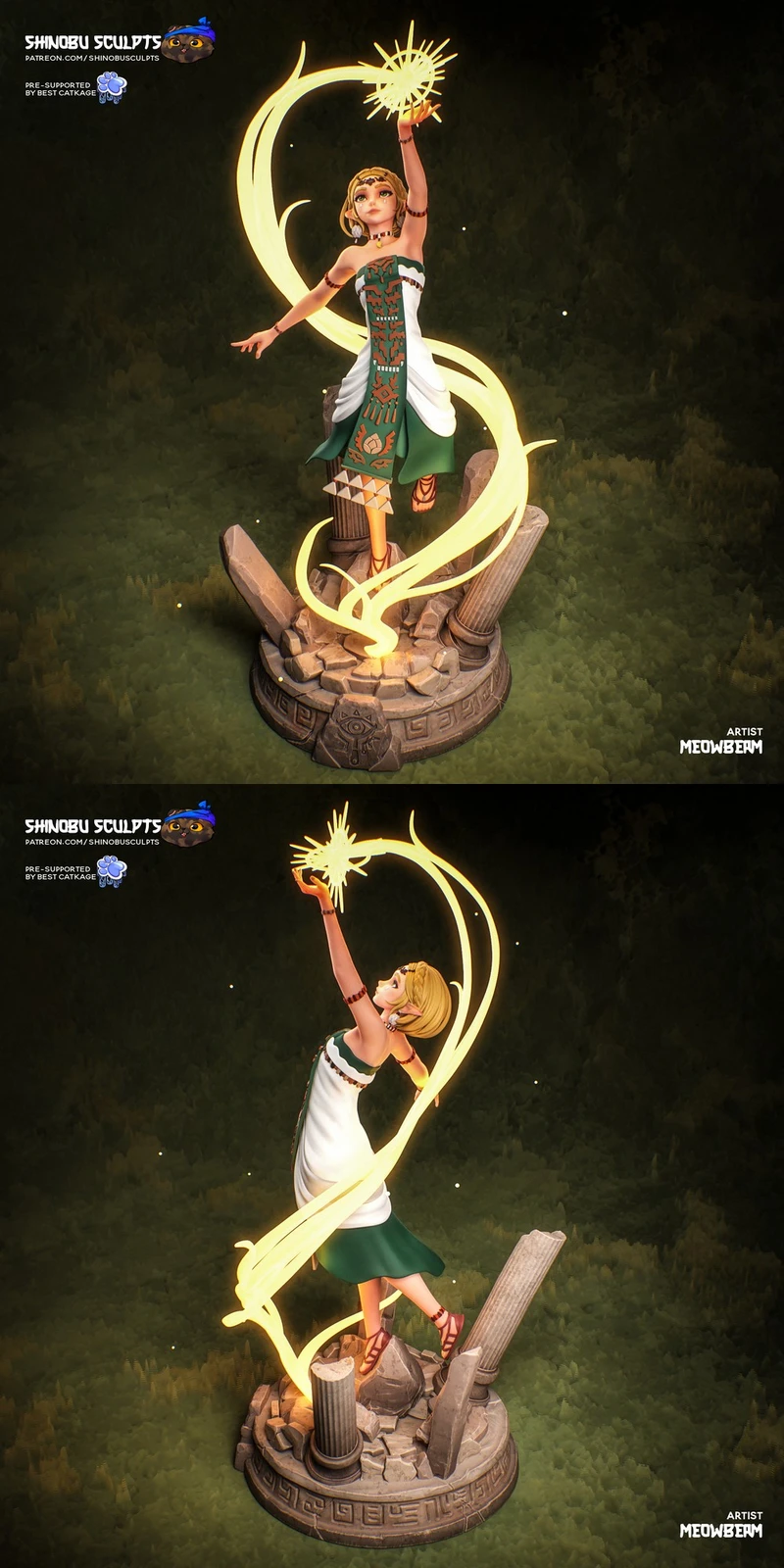 Princess Zelda statue with glowing ribbon on an ornate stone pedestal