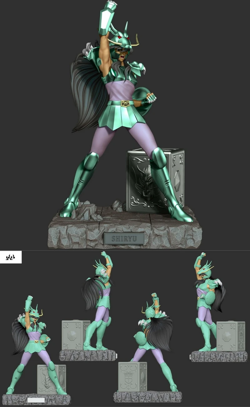 Shiryu from Saint Seiya in green armor on a detailed stone display base