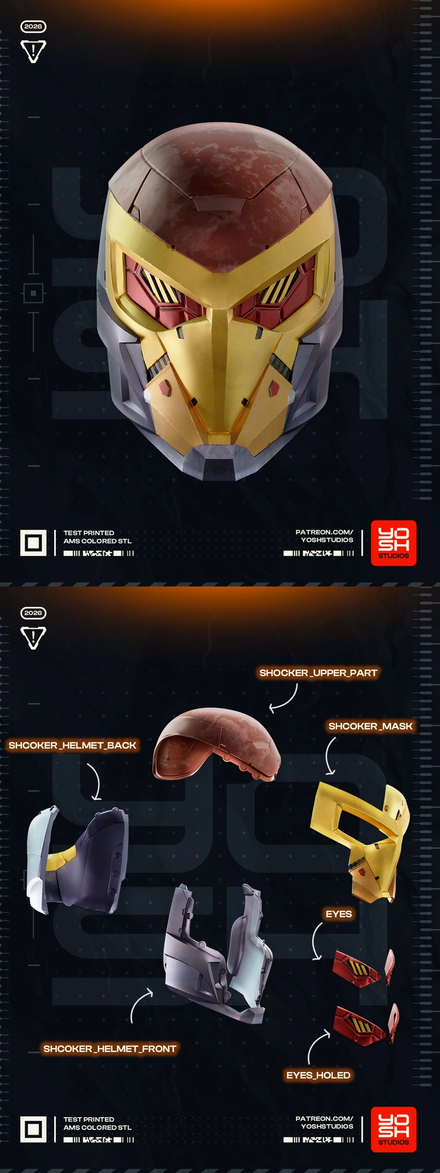 Marvel Shocker Helmet 3D model with gold face guard and red eye details