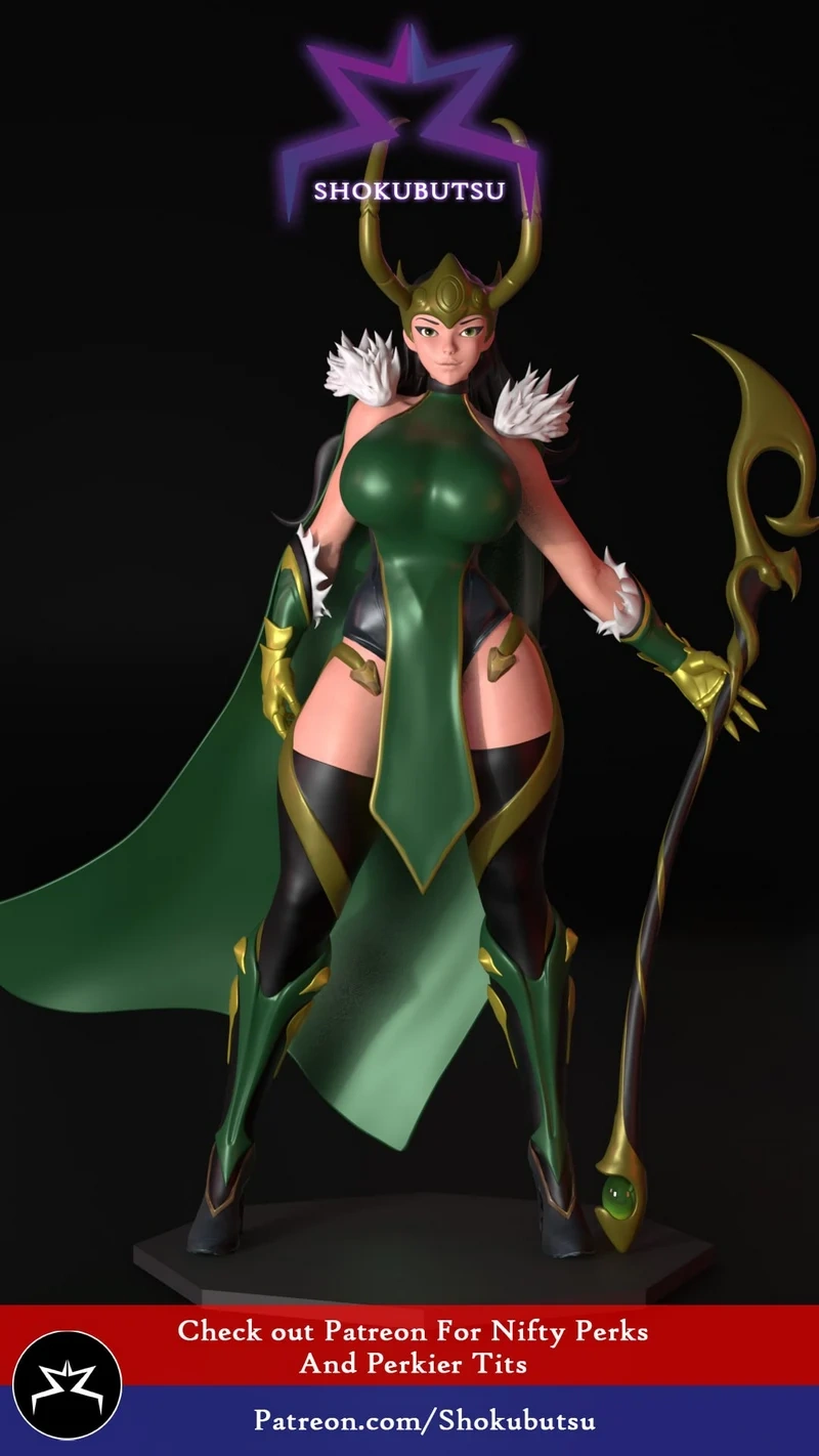 Lady Loki Marvel figure with horned crown, green costume, cape, and curved staff